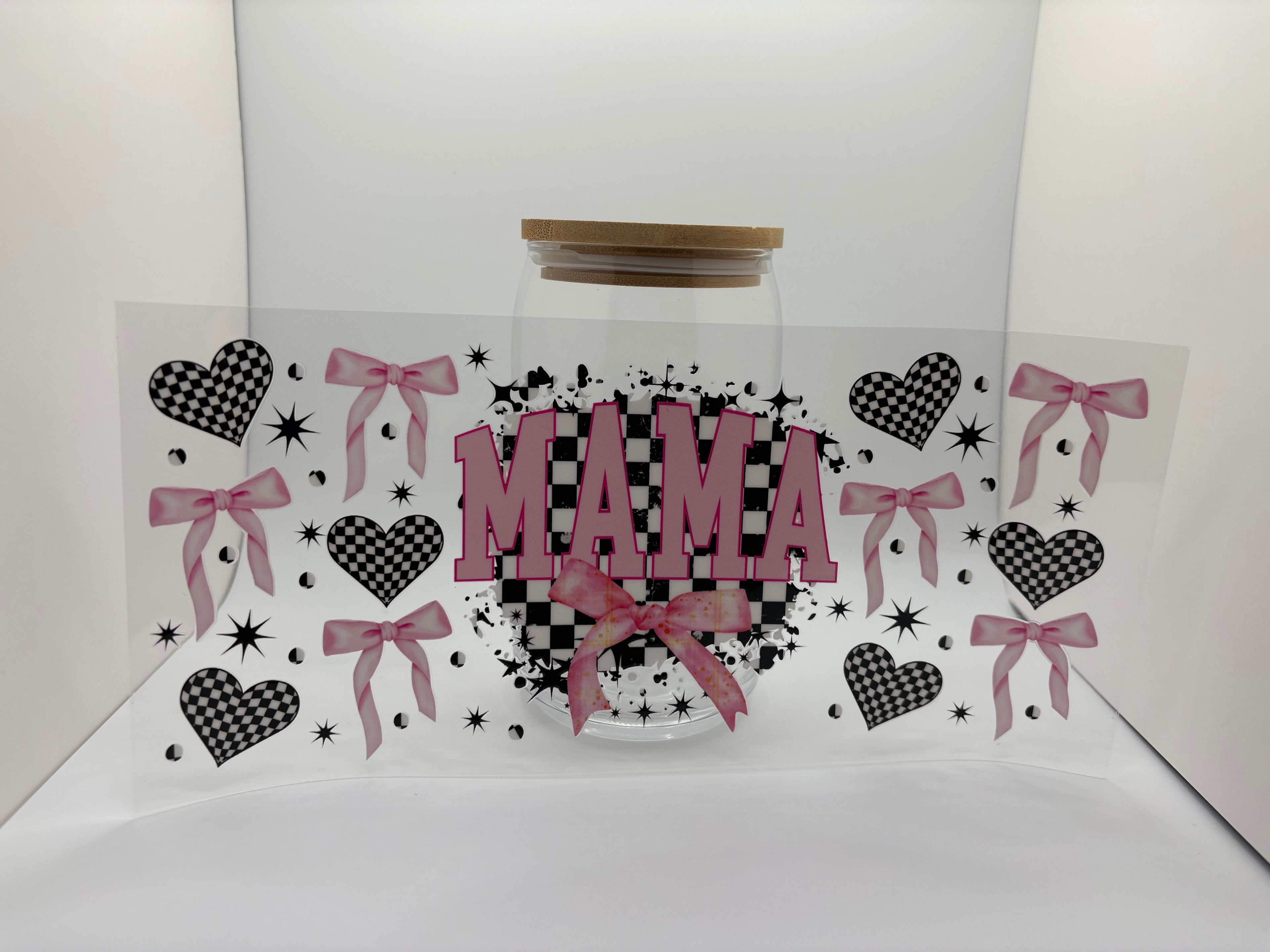 16 oz pink bow checkered mama cup