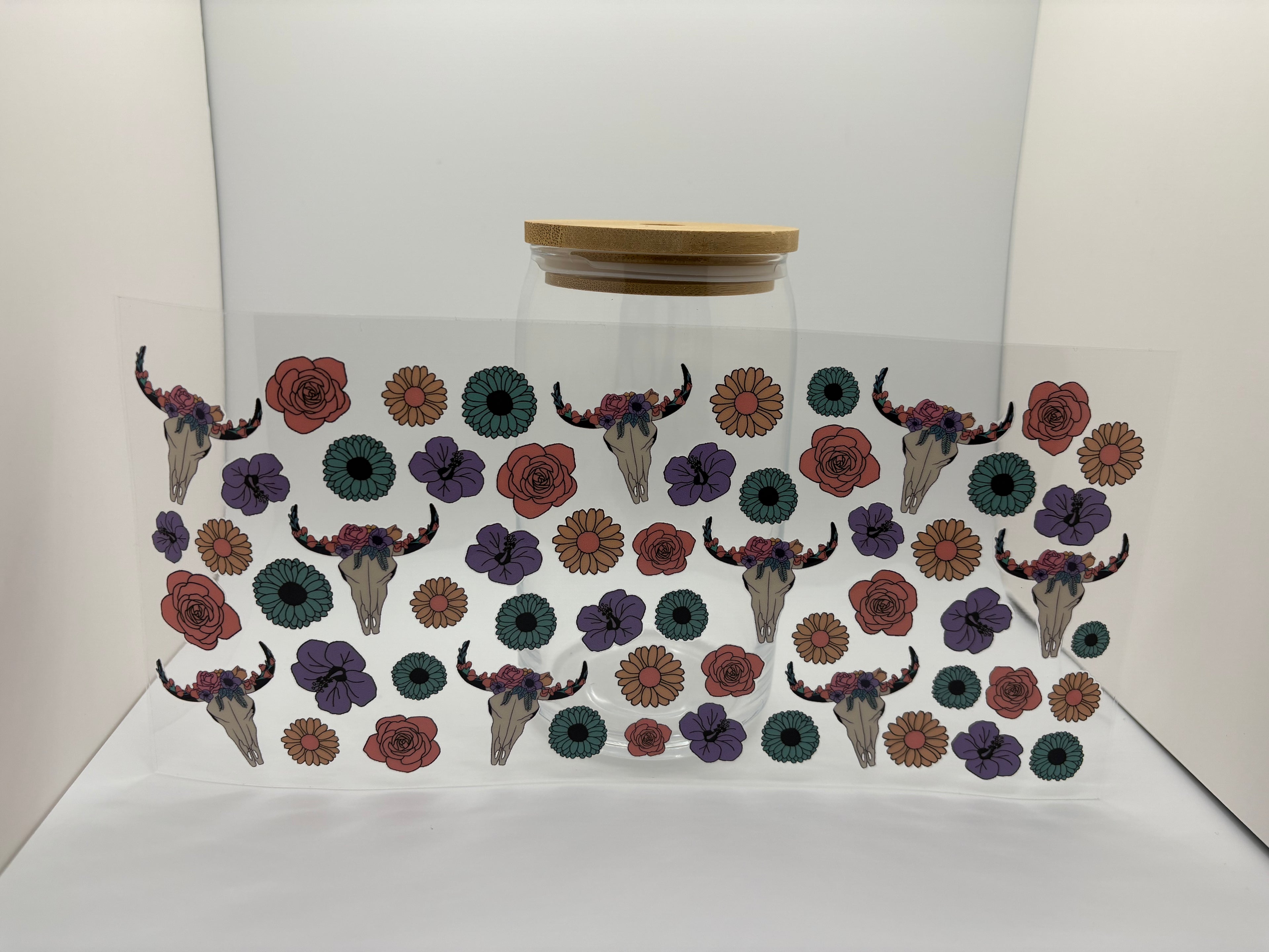 16 oz flowered longhorn skull cup